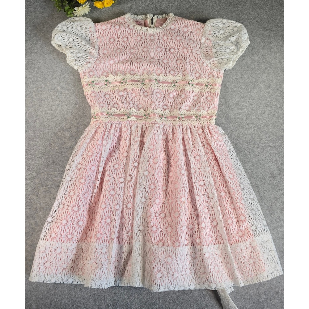 Vintage 70s Sabina Frocks Pink Lace Puff Sleeve Dress Girls Size 12 Coquette